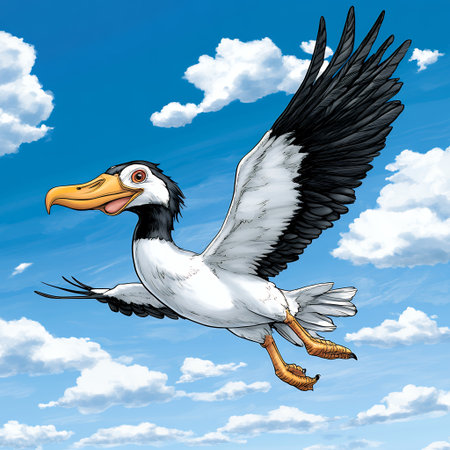 A whimsical bird soaring through a blue sky with fluffy clouds.の素材