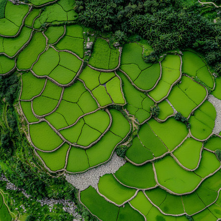 Lush green rice terraces create a stunning landscape pattern.の素材
