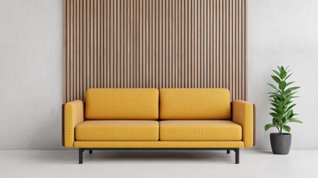 Modern yellow sofa in minimalist interior with plant backdrop.の素材