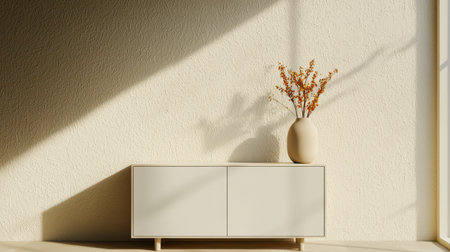 Minimalist decor with a vase on a cabinet against a textured wall.の素材