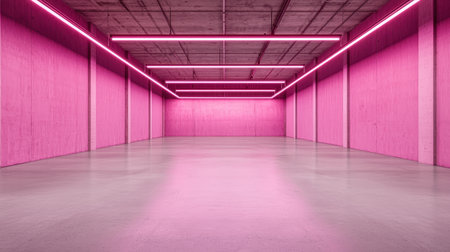 Empty room with vibrant pink walls and modern lighting.の素材