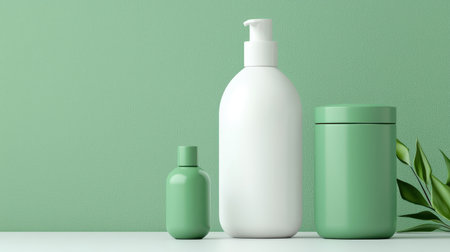 Minimalist cosmetic bottles against a textured green background.の素材