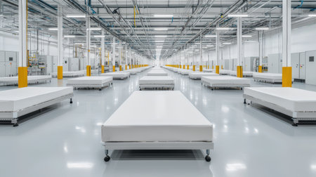 Industrial space with rows of empty beds and bright lighting.の素材