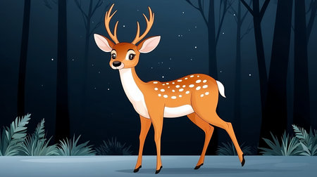 Illustration of a deer in a dark forest setting with stars.の素材