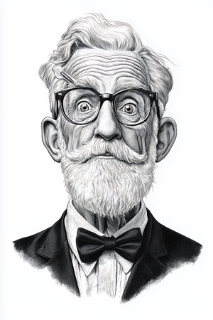Elderly man with glasses and a bow tie, illustrated in fine detail.の素材