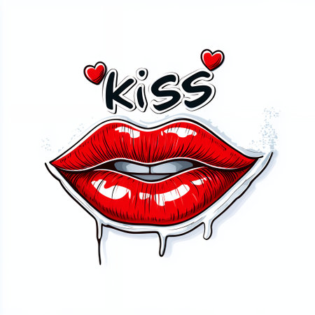 Bold lips with the word "kiss" and hearts illustrated above.の素材