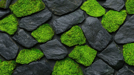 Textured stone wall with green moss accents.の素材