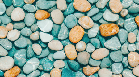 Colorful pebbles arranged in a natural pattern on a surface.の素材