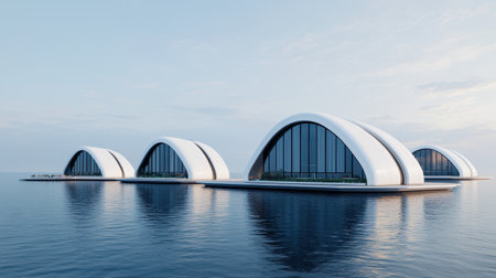 Modern architectural structures on water with curved designs.の素材