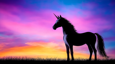 Silhouette of a unicorn against a colorful sunset sky.の素材