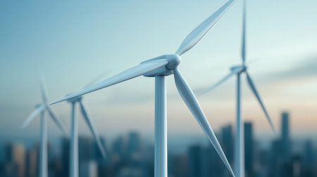 Wind turbines against a city skyline at dusk.の素材