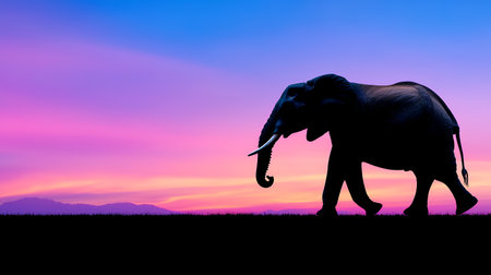 Elephant silhouette against a vibrant sunset background.の素材