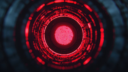 Abstract digital spiral with red and white circular patterns.の素材