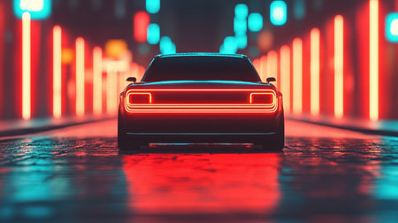 Neon-lit street scene featuring a stylish car from behind.の素材