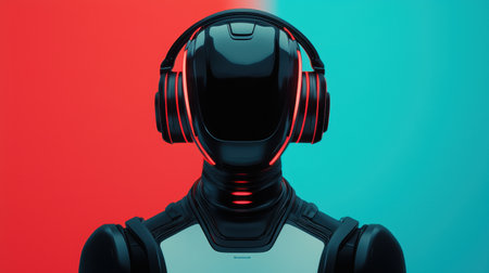 Futuristic robot wearing headphones against a vibrant background.の素材
