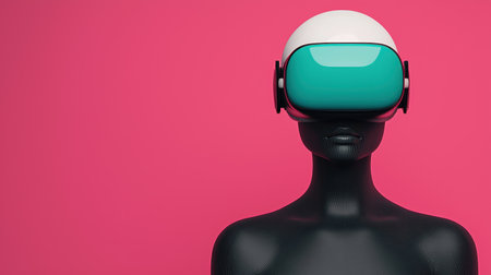 Futuristic figure with VR headset against a pink background.の素材