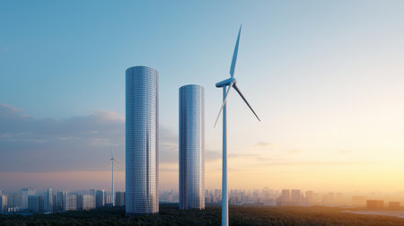 Modern skyline featuring wind turbines and skyscrapers at sunset.の素材
