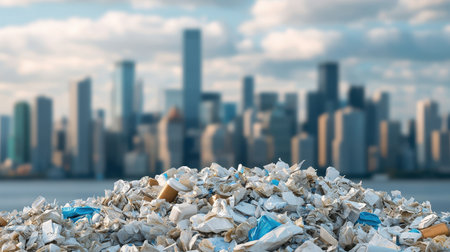 Pollution represented by a heap of waste with a city skyline backdrop.の素材