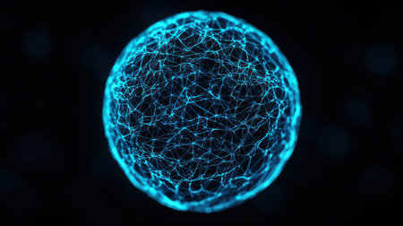 Abstract digital sphere with glowing lines on a dark background.の素材