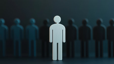 Focused figure among shadowy silhouettes on a dark background.の素材