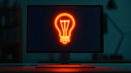 Glowing light bulb graphic on a computer screen in dim light.の素材