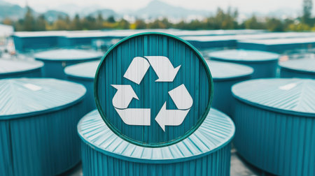Recycling symbol on blue tanks in an outdoor setting.の素材