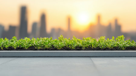 Lush greenery against a blurred city skyline at sunset.の素材