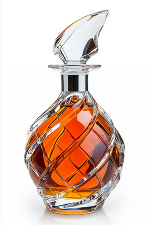 Elegant glass perfume bottle with vibrant orange liquid inside.の素材