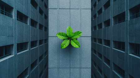 Urban building with a solitary green plant in the center.の素材
