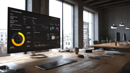 Modern office workspace featuring high-resolution monitor displaying data analytics and graphs on a wooden desk with minimalistic design and bright window viewsの素材