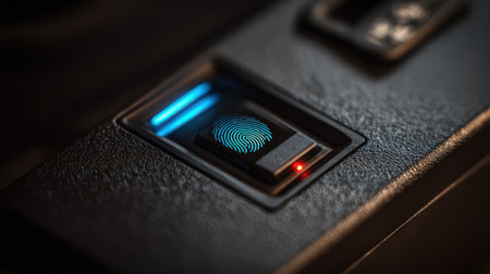 Close-Up View of a Modern Fingerprint Scanner with Blue LED Light Indicating Readiness for Use on a Textured Surfaceの素材