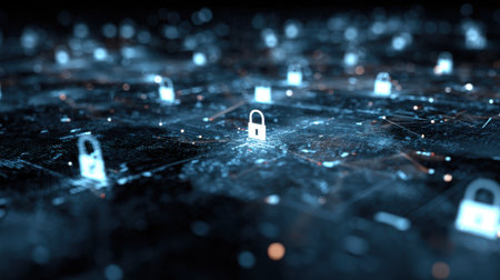Abstract digital landscape with security locks representing data protection, technology networks, and connectivity in a futuristic cyber environmentの素材