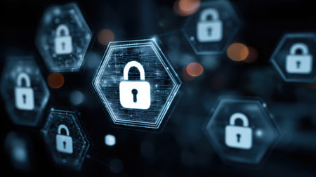 Modern Digital Security Concept with Padlock Icons Representing Cybersecurity Protection and Data Privacy in a Futuristic Technology Settingの素材