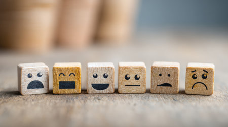 Wooden cubes with various facial expressions on a blurred background showcasing emotions such as happiness, sadness, surprise, and moreの素材
