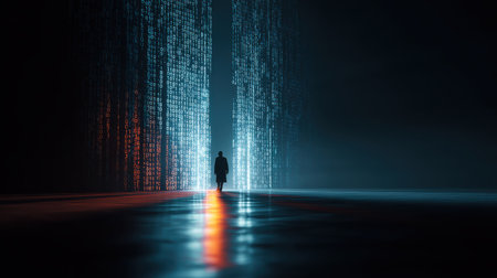 Enigmatic Figure Walking Through a Digital Matrix of Code in a Dark, Futuristic Landscapeの素材