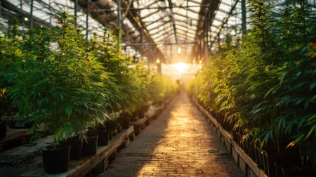 Lush Green Marijuana Plants Grown in a Modern Greenhouse with Warm Sunset Light Streaming through the Glass Roof creating a Serene Atmosphereの素材