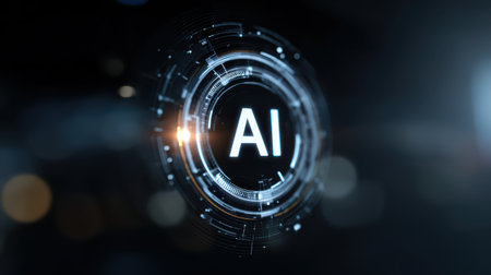 Futuristic Technology Concept Featuring AI Symbol Surrounded by Abstract Digital Elements and Glowing Lights in a Dark Backgroundの素材