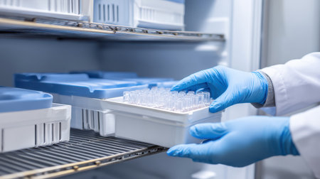 Laboratory Technician Organizing Samples in Cryogenic Storage Within a Cold Freezer for Biochemical Analysis and Research Purposesの素材