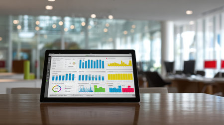 Digital Tablet Displaying Colorful Data Visualizations in Modern Office Environment with Bright Natural Lighting and Open Spacesの素材