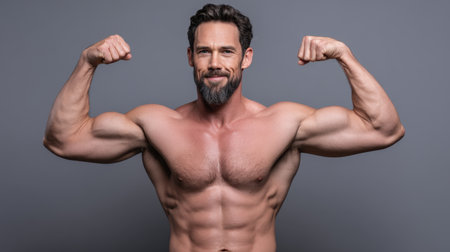 Confident muscular man showcasing strength and fitness, smiling while flexing biceps against a neutral background, embodying health and wellness idealsの素材