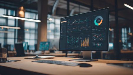 Modern office workspace featuring a high-resolution monitor displaying intricate data visualizations and analytics for business performance evaluationの素材