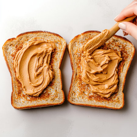 Sliced toast being spread with creamy peanut butter hands in action cozy kitchen bright daylight side view capture, Realistic Photo, isolate on white backgroundの素材