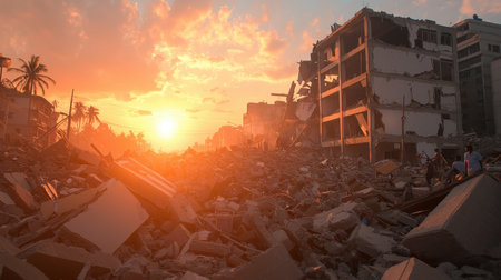 Community members providing aid after earthquake compassionate gestures chaotic urban landscape diffused daylight medium close-upの素材
