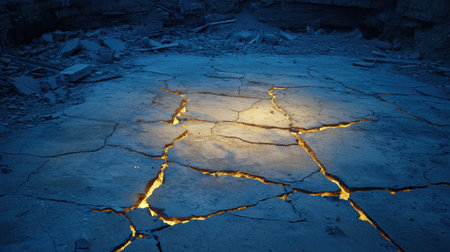 Cracked pavement and fallen structures eerie silence twilight glow aerial shot urban destruction landscapeの素材