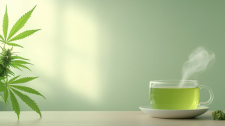 Close-up of cannabis-infused tea steaming in a cozy cafe serene ambiance soft natural light macro shot inviting setupの素材