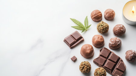 Luxurious chocolate cannabis truffles on a marble counter elegant presentation warm candlelight close-up shotの素材