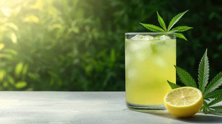 Refreshing cannabis lemonade on a sunlit patio ice glistening relaxing summer vibe soft focus eye-level shotの素材