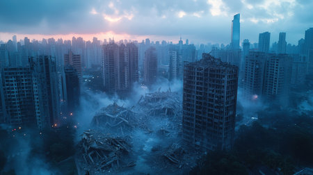 Ruined city skyline with collapsed buildings somber atmosphere dusk lighting wide-angle shot urban disaster sceneの素材