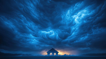 Dark sky filled with swirling clouds a silhouette of a house struggling against cyclone winds eerie mood dusk lighting focus on the horizon.の素材