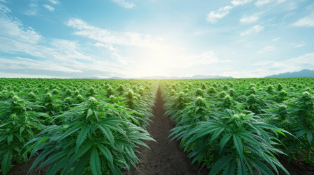 Rows of cannabis plants under a blue sky drone shot expansive landscape bright and lively mood early afternoon lightの素材